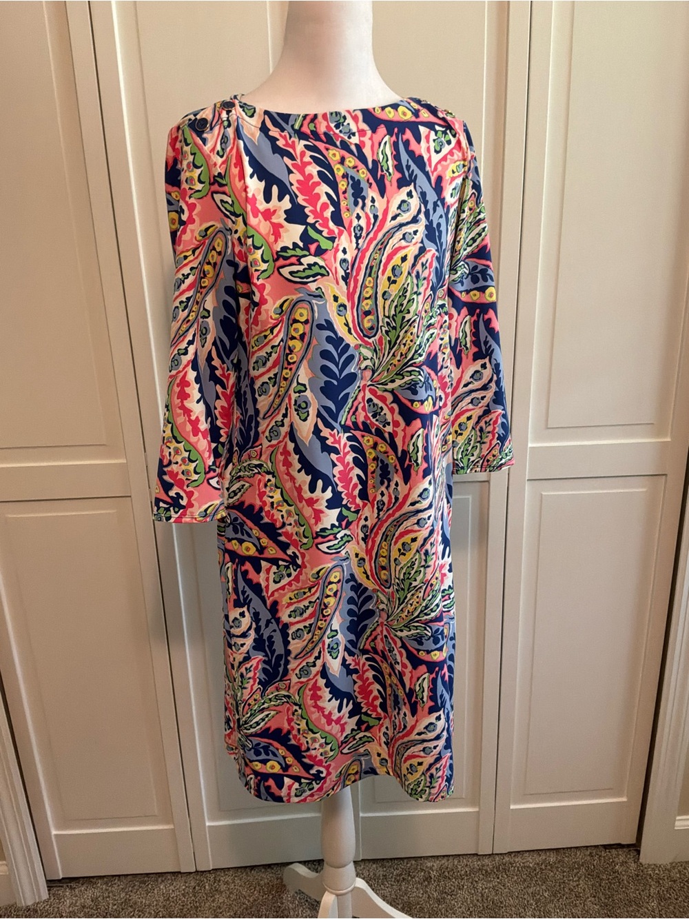 Talbots Petite 3/4 Sleeves Floral Sundress in Navy, Pink & Lime Accent